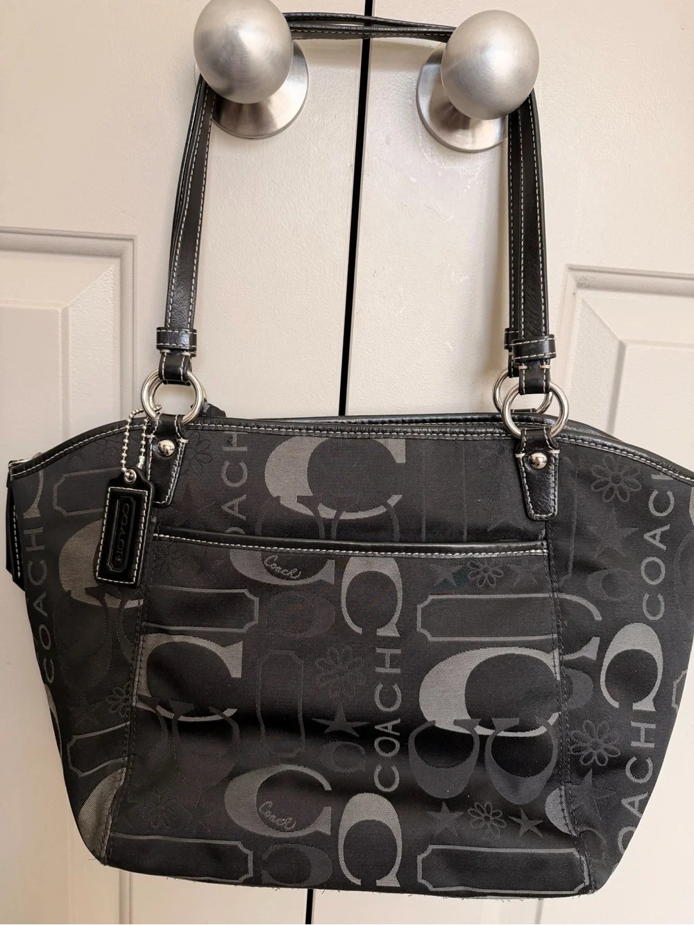 Coach Black Signature Canvas Shoulder Tote with Scarf Accent